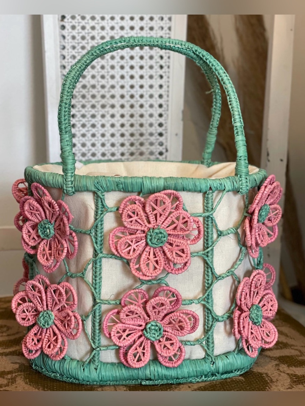 Green & Pink Floral Crochet Tote Bag by